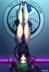 1girls breasts eye_contact female female_focus female_only fully_clothed green_eyes green_hair handstand kaw3r looking_at_viewer lycoris_challenge one-punch_man short_hair small_breasts solo solo_female solo_focus tatsumaki thick_thighs thighs wide_hips