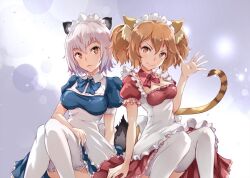 2girls animal_ear_fluff animal_ears animal_humanoid animal_tail apron arm_support badger badger_ears badger_girl badger_tail bangs blonde_hair blue_dress blue_ribbon breast brown_eyes brown_hair cleavage closed_mouth color colored cute female_focus female_only hand_on_thigh hand_up high_resolution highres killing_bites looking_at_viewer maid maid_dress maid_headdress maid_outfit maid_uniform moupii_(hitsuji_no_ki) multiple_girls nakanishi_eruza red_dress red_ribbon small_breasts smile tagme uzaki_hitomi waving waving_at_viewer white_hair white_legwear yellow_hair