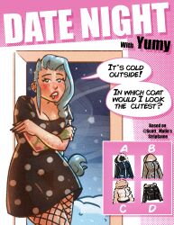 black_dress blue_eyes blue_hair cold date dating fishnet fishnet_pantyhose fishnet_stockings fishnets freckles maximaldraws pierced_ear pierced_lip piercing piercings shivering side_cut sidecut snow tattoo tattooed_arm tattoos winter yumy_koli