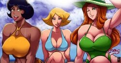 3girls alex_(totally_spies) armpits artist_name big_breasts black_hair blonde_hair blue_eyes breasts brown_body brown_skin busty cartoon_network cleavage clothed_female clover_(totally_spies) dark-skinned_female dark_skin eyebrows eyelashes eyes female female_focus female_only green_eyes hair hazel_eyes headwear hips human large_ass large_breasts legs long_hair orange_hair osmar-shotgun pale_skin red_hair redhead sam_(totally_spies) short_black_hair short_hair smile spy sunhat swimwear thick thick_legs thick_thighs thighs totally_spies trio voluptuous watermark wide_hips yellow_eyes