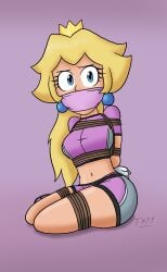 bondage bound commission damsel_in_distress female frefer9 human human_only mario_(series) mario_strikers princess princess_peach purple_shorts restrained soccer_uniform