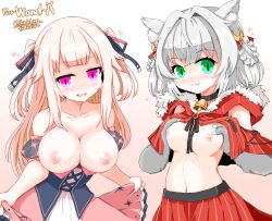 2girls alien_girl areolae big_breasts breasts choker green_eyes iku_hoshifuri large_breasts light-skinned_female light_skin multiple_girls naki_kamizuki nipples oerba_yun_fang partially_clothed pink_eyes pink_hair prism_project silver_hair virtual_youtuber white_fur white_hair wolf_ears wolf_girl