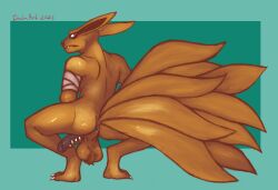 anthro anthro_only backsack ball_tuft balls brown_body brown_fur canid canine crouching fangs fox fur genitals hi_res inabaart kurama male male_only mammal multi_tail naruto penis presenting rear_view solo tailed_beast tuft