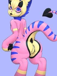 ass ass_focus bangs black_anus black_nose black_pawpads blonde_hair blue_background blue_eyes blue_fur demon_horns digital_drawing_(artwork) digital_media_(artwork) digitigrade dreamscreep edel_(dreamscreep) female female_only furry furry_only handpaw horn horns hybrid hyper hyper_ass original original_character pawpads paws pear_shaped pink_body pink_eyes pink_fur presenting presenting_anus presenting_ass presenting_hindquarters presenting_pussy pussy short_hair smile smiling_at_viewer solo solo_female spade_tail striped_body striped_fur striped_tail stripes tail tail_markings thick_ass thick_thighs uncensored yellow_fur yellow_sclera