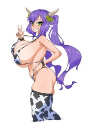 1girls big_breasts bikini cow_girl cow_horns cow_print cow_print_bikini cow_print_legwear cowkini cowprint from_side green_eyes huge_breasts makinakid peace_sign pulled_by_self purple_hair romolla sideboob smiling thick_thighs thighhighs thighs twintails virtual_youtuber wreath