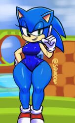 anthro blue_fur blue_swimsuit crossgender genderswap genderswap_(mtf) gloves green_eyes mtf_crossgender rule_63 sega shortstack sonic_(series) sonic_the_hedgehog sonic_the_hedgehog_(series) sonique_the_hedgehog squishcap_(artist) thick_thighs