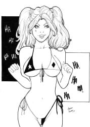 1girls artist_request batman_(series) big_breasts bikini black_and_white dc dc_comics ed_benes_studio female female_only gloves harley_quinn large_breasts looking_at_viewer micro_bikini monochrome solo supervillainess thong twintails wide_hips