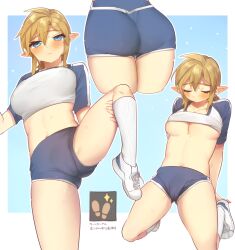 ass blonde_hair blue_eyes blue_shirt blue_shorts breasts crop_top crop_top_lift earrings female genderswap_(mtf) hand_on_leg large_breasts link midriff navel nintendo rule_63 running_shoes short_hair shorts socks sportswear standing_on_one_leg sweat sweating the_legend_of_zelda ttanuu.