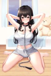 arms_behind_head bed bedroom black_hair bra breasts brown_eyes chain_leash collar female kneeling lancheu large_breasts leash long_hair navel night pajamas pet_play petplay shorts solo solo_female teddy_bear window wooden_floor