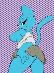 2022 4_fingers absurd_res anthro ass bedroom_eyes blue_body blue_fur bottomwear breasts cartoon_network clothed clothing clothing_lift domestic_cat felid feline felis female fingers four-pundo fur hi_res looking_at_viewer mammal mature_anthro mature_female narrowed_eyes nicole_watterson nipples presenting presenting_hindquarters seductive simple_background skirt skirt_lift solo the_amazing_world_of_gumball