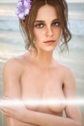 celebrity emma_watson female flower_in_hair freckles human_only makeup nipslip notill nude nude_female photorealism photoshoot portrait pose real_person realistic tagme