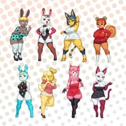 8girls :< animal_crossing ankha anthro bonbon_(animal_crossing) breasts canid canine canis cleavage felid feline felis female female_focus female_only francine_(animal_crossing) fur furry furry_only hazel_(animal_crossing) isabelle_(animal_crossing) nintendo olivia_(animal_crossing) rabbit reese_(animal_crossing) rizdraws source_request tail thick_thighs thighs tiffany_(animal_crossing) year_request