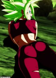 1girls absurdres ass ass_focus back big_ass big_hair blonde_hair blue_eyes blush bruise crop_top dragon_ball dragon_ball_super earrings female female_focus from_behind fusion green_eyes green_hair hair_tie highres hip_focus huge_ass injury jewelry kefla leggings looking_back lying midriff no_pupils on_stomach open_mouth outdoors pants potara_earrings saiyan salvamakoto shounen_jump sky solo spiked_hair spiky_hair super_saiyan super_saiyan_2 thick_thighs thighs wide_hips