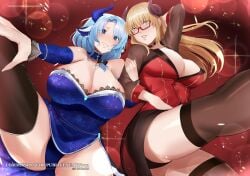 2girls big_breasts blue_eyes blue_hair clothed commission commissioner_upload cow_ears cow_girl curvy glasses horns huge_breasts indie_virtual_youtuber miilkywayz tane_tenshi thighhighs virtual_youtuber vtuber