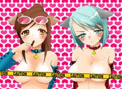 2girls big_breasts cat_ears caution_tape choker convenient_censoring ema_skye eyewear_on_head female female_only franziska_von_karma gyakuten_saiban karuma_mei mozuya_murasaki neck_bell sunglasses_on_head tagme