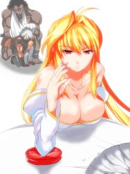 1girls archetype_earth arcueid_brunestud arm_wrestling big_breasts blonde_hair cleavage fate_(series) female female_focus heracles_(fate) kagetsu_tohya kishima_kouma kurokemono long_hair looking_at_viewer pov red_eyes tsukihime type-moon