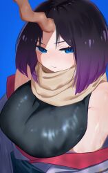 1girls big_breasts blue_eyes breast_press breasts closed_mouth clothed clothing dark_hair dragon_girl dragon_horn elma_(dragon_maid) female female_focus female_only horn huge_breasts kimono light-skinned_female light_skin miss_kobayashi's_dragon_maid multicolored_hair purple_hair ryusei_hashida solo solo_female solo_focus tagme thick_thighs