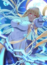 archetype_earth arcueid_brunestud big_breasts blonde_hair chains detached_sleeves dress gloves glowing_eyes long_hair looking_at_viewer low-angle_view parted_lips red_eyes shiiki_(love-saber) sideboob tsukihime type-moon very_long_hair white_dress white_gloves