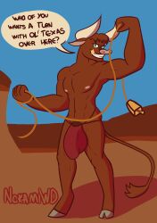 absurd_res anthro balls big_balls big_bulge big_penis bovid bovine bulge cattle clothed clothing first_porn_of_character genitals hi_res huge_balls huge_bulge huge_cock hyper hyper_balls hyper_bulge hyper_genitalia hyper_penis jockstrap lasso male mammal muscular muscular_anthro muscular_male nokamiwd penis simple_background smile solo standing texas_(tfh) them's_fightin'_herds topless topless_male underwear