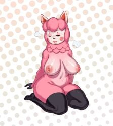 alpaca animal_crossing anthro breasts closed_eyes female female_focus female_only fur furry furry_only nintendo nipples reese_(animal_crossing) rizdraws solo source_request sweat thick_thighs thighs year_request