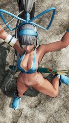 1girls 3d archery armpits big_breasts blue_eyes bow breasts busty cleavage female female_only from_above gloves grey_hair hairbow hi_res large_breasts legs long_hair majikina_mina navel one_eye_covered ponytail samurai_shodown snk solo thighs thong voluptuous