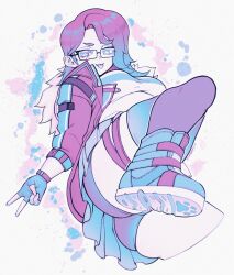 1girls big_breasts boots breasts catboymech female glasses jacket peace_sign smug tagme thighs tongue_out