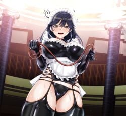 apron black_hair black_panties breasts brown_eyes dominatrix female femdom frilled_apron garter_straps gloves holding_whip kantai_collection large_breasts latex latex_gloves latex_thighhighs long_hair looking_at_viewer maid maid_apron maid_headdress maid_uniform open_mouth panties source_request thighhighs tk8d32 ushio_(kantai_collection) waist_apron whip