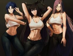 3girls abs aozaki_aoko armpits arms_behind_back big_breasts black_gloves blue_eyes blue_hair brown_hair choker ciel ciel_(tsukihime) cleavage crop_top fate/hollow_ataraxia fate/stay_night fate_(series) female female_only glasses gloves jeans long_hair looking_at_viewer madoro_q mahou_tsukai_no_yoru medusa_(fate) midriff muscular muscular_female no_bra purple_hair short_hair smile tank_top tsukihime type-moon underboob very_long_hair wide_hips