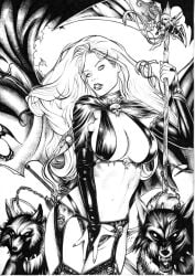 1girls big_breasts cape_only chaos_comics dominant_female ed_benes_studio frank_lima goddess holding_scythe lady_death latex_bra latex_thighhighs long_hair looking_at_viewer monochrome queen_of_the_dead scythe seductive_eyes seductive_look solo_female tagme touching_pussy white_hair wolf