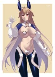 archetype_earth arcueid_brunestud bare_midriff big_breasts blonde_hair bunny_ears fate/grand_order fate_(series) female female_only gloves heart_pasties kurozawa_yui long_hair looking_at_viewer pasties pussy_pasty red_eyes reverse_bunnysuit shrug_(clothing) skin_tight solo tight_clothing tsukihime type-moon very_long_hair white_gloves