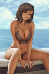 1girls beach big_breasts bikini black_hair brown_eyes cleavage dark-skinned_female dark_brown_hair dark_skin egyptian female female_only flowerxl fully_clothed large_breasts looking_at_viewer overwatch pharah seaside solo swimsuit tagme