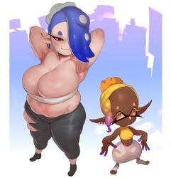 2girls big_belly big_breasts breasts chubby chubby_female cleavage female forastero frye_(splatoon) huge_breasts inkling obese octoling shiver_(splatoon) splatoon splatoon_3