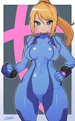 1girls big_breasts bodysuit breasts female metroid mofumofu samus_aran signature solo standing tagme zero_suit_samus