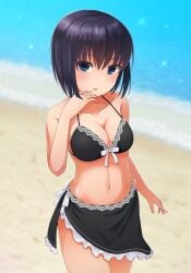 beach bikini black_bikini black_eyes black_hair blue_eyes blush bob_cut cleavage female female_only goth goth_girl kuonji_alice lace lace_trim looking_at_viewer mahou_tsukai_no_yoru medium_breasts sarong short_hair solo swimwear type-moon