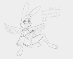 angel_gabby angel_hare anthro anus clothed clothing clothing_lift dress dress_lift female genitals imminent_sex lagomorph leporid mammal monochrome partially_clothed pussy rabbit simple_background solo the_east_patch unknown_artist