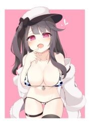 1girls azur_lane belly_button black_hair blush breasts cap cow_print cow_print_bikini female female_only hat heart huge_breasts light-skinned_female light_skin northern_parliament_(azur_lane) oerba_yun_fang open_mouth pamiat_merkuria_(azur_lane) pink_eyes sayama_haru solo