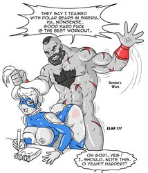 1boy 1girls abs anal arena ass breasts cleavage covering demien female hair_pull human large_breasts male mask monochrome muscle muscular nipples partially_colored rainbow_mika smile straight straight_hair street_fighter translated zangief