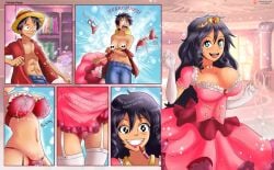 1boy applying_lipstick applying_makeup black_hair blue_eyes bra breast_growth breasts censored choker comic dress elbow_gloves garter_straps genderswap genderswap_(mtf) gloves jeans large_breasts lipstick long_hair midriff monkey_d_luffy navel one_piece open_shirt panties pink_bra pink_dress pink_panties red_shirt rule_63 shirt short_hair straw_hat themightfenek thighhighs tiara