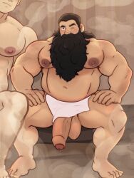 2boys absurdres bara beard blush cummytomato dungeon_meshi dwarf facial_hair full_beard full_body girthy_penis helmet highres laios_touden large_pectorals large_penis long_beard male_focus mature_male moustache multiple_boys muscular muscular_male navel nipples one_eye_closed pectorals penis penis_out sauna senshi_(dungeon_meshi) solo_focus spread_legs steam thick_beard thick_eyebrows thick_mustache thick_thighs thighs uncensored very_long_beard