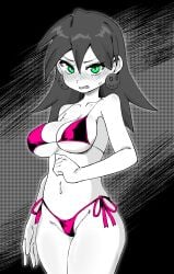 annoyed bikini buzzlyears clenched_hand cowboy_shot embarrassed full-face_blush greyscale medium_breasts mega_man monochrome pink_bikini thighs tron_bonne