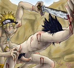 2boys blood forced_yaoi gore human male male_only male_ryona multiple_males naked naruto nude rape sasuke_uchiha skully_(artist) straight_hair sword torture uncensored uzumaki_naruto violence weapon whisker_markings yaoi