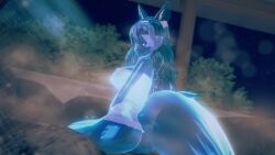 1girls alternate_body_type ass astraline bare_ass bare_shoulders bath blue_body blue_eyes blue_hair blue_slime boke female flowing_hair long_hair looking_at_viewer looking_over_shoulder lumi_(merryweather) outdoor_bathing outdoors reflective_body rock slime slime_girl slime_hair sparkles towel towel_only translucent_body translucent_hair virtual_youtuber vtuber wet_clothes wet_t-shirt wolf_ears wolf_girl