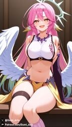 ai_generated gumi_arts halo indoors jibril_(no_game_no_life) looking_at_viewer medium_breasts navel no_game_no_life open_mouth sideboob sitting smug stable_diffusion thick_thighs wings