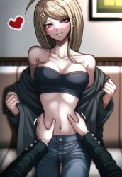 1girls ai_generated akamatsu_kaede bare_shoulders big_breasts danganronpa danganronpa_v3 gripping half-closed_eyes hands hands_on_another's_waist haptephilia highres jacket jeans lips midriff nai_diffusion partial_male pov saihara_shuuichi seductive seductive_look seductive_smile smirk smug stable_diffusion strapless sweat taking_clothes_off trembling