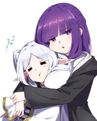 2girls :t big_breasts blush breast_pillow breasts closed_eyes elf elf_girl female female_only fern_(sousou_no_frieren) frieren happy hug hugging hugging_from_behind multiple_girls purple_eyes purple_hair sousou_no_frieren white_hair