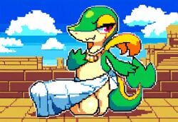 ai_generated anthro balls big_balls big_penis cloud detailed_background digital_media_(artwork) erection femboy feral generation_5_pokemon genitals hellsonger hi_res huge_cock hyper_genitalia male nintendo outside penis pixel_(artwork) pokemon pokemon_(species) reptile scalie sky smile snivy solo toga