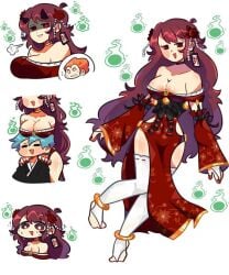 angry_expression angry_symbol asian_clothing asian_mythology beads black_horns black_ribbons black_robe blue_hair blush blushing_at_viewer boyfriend_(friday_night_funkin) breasts breasts_on_head brown_hair closed_eyes curly_hair curvy_female curvy_thighs cute demon_girl demon_horns eye_shimmer fireballs flower flower_dress flower_on_head flower_pattern friday_night_funkin girlfriend_(friday_night_funkin) gold_jewelry gold_trim golden_rings green_fireballs hands_on_shoulders jewelry justkiel21_(artist) kunoichi_dress long_hair long_sleeves looking_at_another looking_at_viewer neck_ring open_mouth orange_hair pico_(newgrounds) red_dress red_fingernails resting_breasts ribbons robe rose_(flower) simple_background smile speech_bubble thighhighs thighs white_background white_thighhighs wholesome