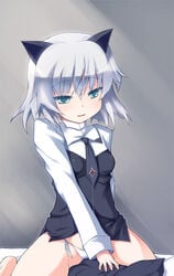 animal_ears blush cat_ears clothed_masturbation clothing crotch_rub green_eyes masturbation panties pillow pillow_sex safi sanya_v_litvyak short_hair side-tie_panties silver_hair small_breasts strike_witches underwear