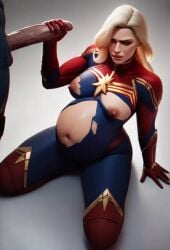 ai_generated captain_marvel carol_danvers exposed_breasts handjob marvel marvel_comics nipples nsfwaibs on_knees pregnant pregnant_belly