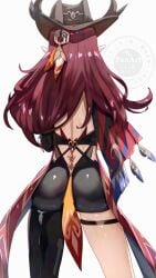 1girls ass back_turned chasca_(genshin_impact) cowboy_hat elf_ears genshin_impact hat hoyoverse mihoyo pointy_ears red_hair solo solo_focus thight_clothing uenoryoma watermark